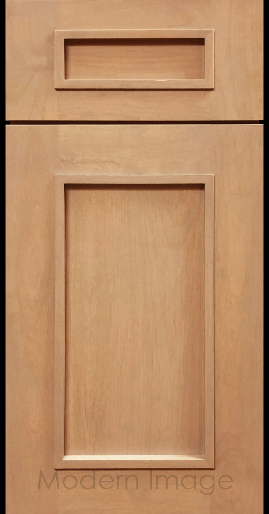 Natural-stained Gilbert cabinet a recessed flat panel and elevated molding.